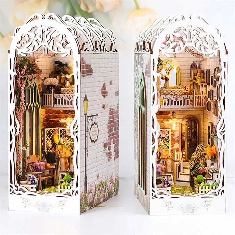 Diy Wooden Book Nook Kit Shelf Insert - Flower House Home Bookend Desk Decoration,