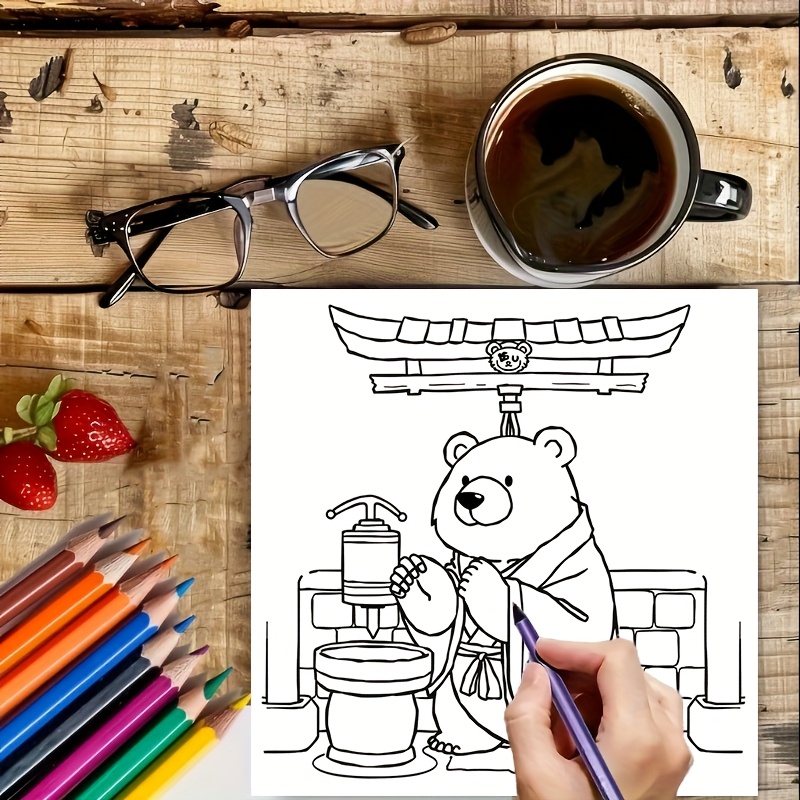 28 Pages Cute Bear in Japan Co - Adult Coloring Book Stress Relief 评论和价格
