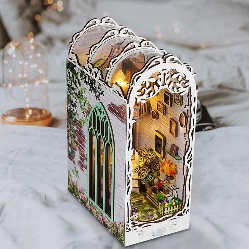 Flower House Home Bookend Desk - Diy Wooden Book Nook Kit Shelf Insert 评论和价格